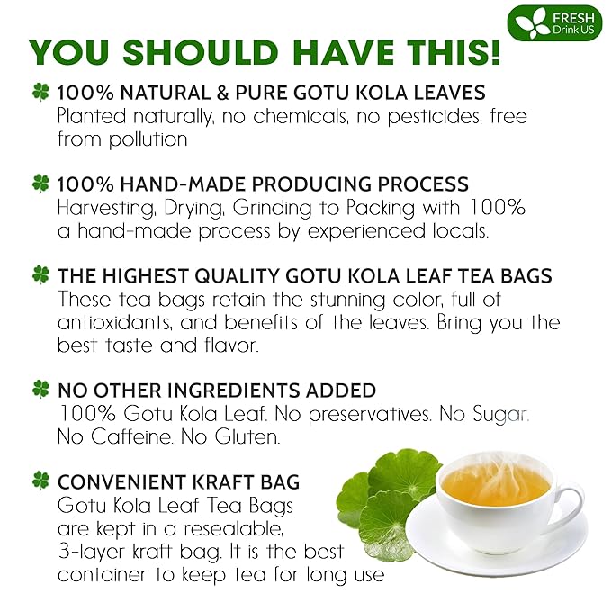FreshDrinkUS, Premium Gotu Kola Leaf Tea ??40 Tea Bags | Pure Dried Centella Asiatica Leaves | Naturally Caffeine-Free Herbal Tea | Refreshing Aroma & Smooth Taste | Premium Herbal Infusion. Vegan