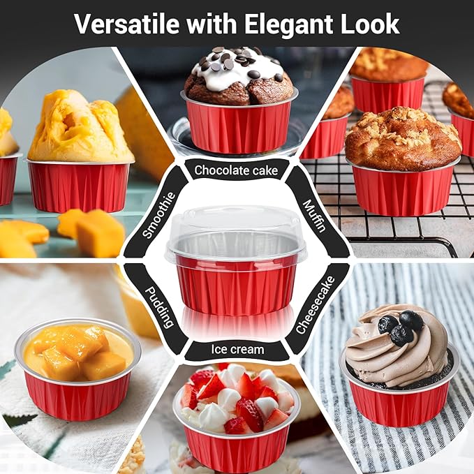 EUSOAR Cupcake Liners Aluminum with Lids, 100Pcs 5oz 125ml Aluminum Foil Muffin Liners Cups, Disposable Aluminum Foil Cupcake Baking Cups Ramekins Holders Cases Boxes Pans with Lids