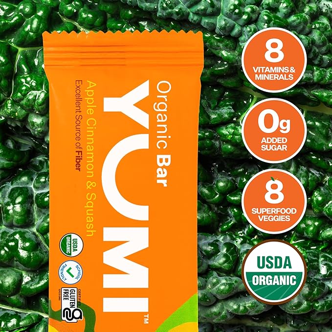 Yumi Organic Toddler Snacks Bars - Gluten-Free, No Added Sugar, 7+ Vegetables, Soft-Baked Crust, Yumi Bars Healthy Toddler Organic Snacks - School Safe for Lunch Boxes, Apple Cinnamon & Squash (30ct.)