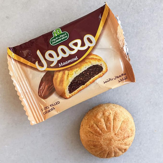 HB Halwani Bros Maamoul Cookies, 100% All Natural Date Filled Round Shortbread Cookies, No Preservatives, No Additives, 16 Medium Individually Wrapped Cookies (Pack of 4)