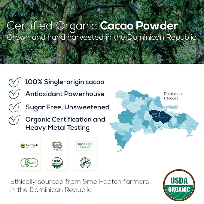 One Farm by WAAYB Organic Cacao, Single Estate, Non-GMO, Fair-Trade, Vegan, Gluten Free, 100% Raw Rizek Cacao in Resealable Bag for Cooking, Smoothies, Lattes & Baking (2.6 oz Jar, Powder)
