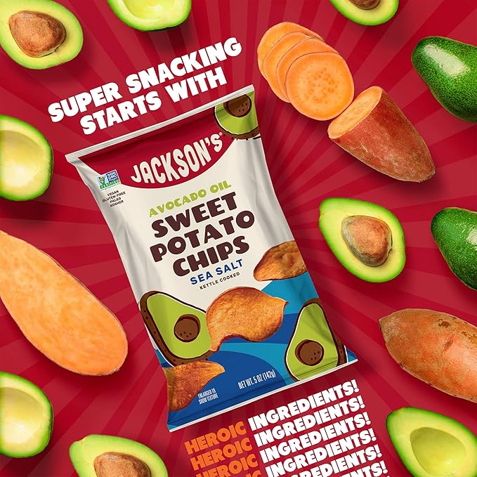 Jackson???Sweet Potato Kettle Chips with Sea Salt made with Premium Avocado Oil (5 oz, Pack of 12) - Allergen-friendly, Gluten Free, Peanut Free, Vegan, Paleo Friendly - Shark Tank Product