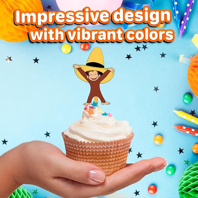 24x Curious Monkey Cupcake Toppers ??Strong Picks Happy Birthday D챕cor, Cupcake Decorations for Kids Birthdays