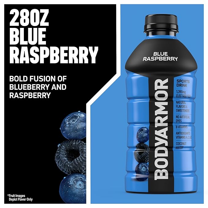 BODYARMOR Sports Drink Sports Beverage, Blue Raspberry, Coconut Water Hydration, Natural Flavors With Vitamins, Potassium-Packed Electrolytes, Perfect For Athletes, 28 Fl Oz (Pack of 15)
