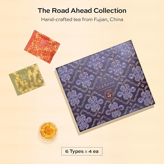 TeaRove Tea Sampler Gift Box - The Road Ahead Collection, Chinese Whole-Leaf Tea Assortment Variety Pack, Black, Oolong, Jasmine Green & Herbal Teas, Hot or Iced, Self Care Gifts for Teas Lovers