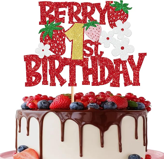 1 Pack Berry 1st Birthday Cake Topper Red Glitter Flower Strawberry Frist Birthday Cake Pick for Fruit Strawberry One Theme Baby Shower Kids Birthday Party Strawberry Party Cake Decorations Supplies