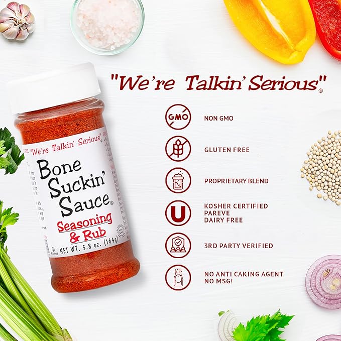 Bone Suckin' Seasoning & Rub, Original Blend, 5.8 Oz, Grilling Rubs, Dry Pork Rub, Gluten-Free, Non-GMO, Kosher, Great on Ribs, Pork, Beef, Chicken, Seafood, Pasta, Vegetables, Even Popcorn and No Msg