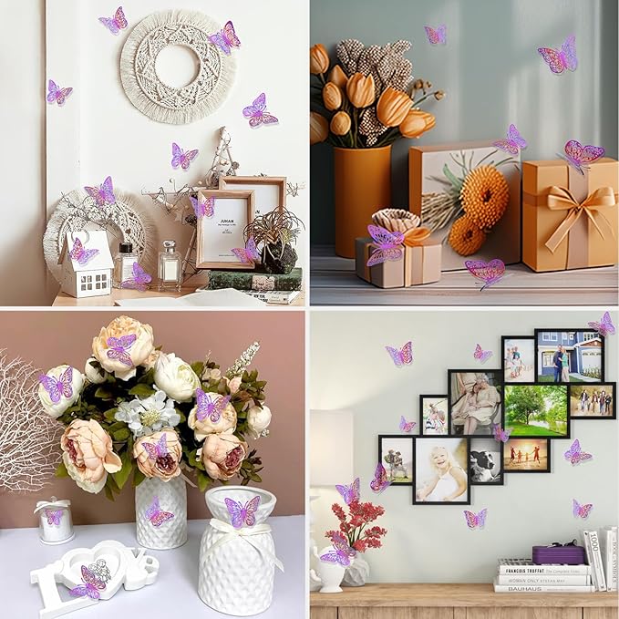 72 Pcs Butterfly Decorations, 3 Sizes 3 Styles Wall Decor, Party and Birthday Decorations, Laser Purple