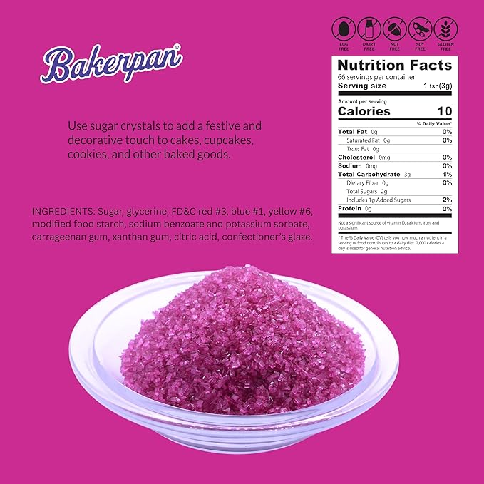 Bakerpan Sugar Sprinkles for Baking - 7 Ounce Fuchsia Decorating Sugar Crystals for Cookies, Cake Pops, Ice Cream (Made in USA)