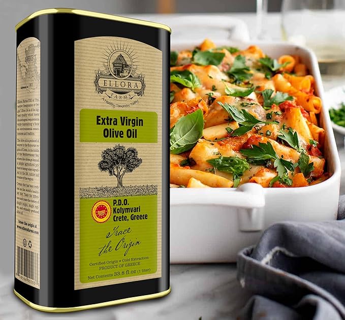 Ellora Farms Olive Oil Extra Virgin, Certified PDO Polyphenol Rich Extra Virgin Olive Oil Cold Pressed & Traceable, Global Gold Awards EVOO, Kosher, Single Origin, Crete, Greece 33.8 Fl oz (1 Ltr)