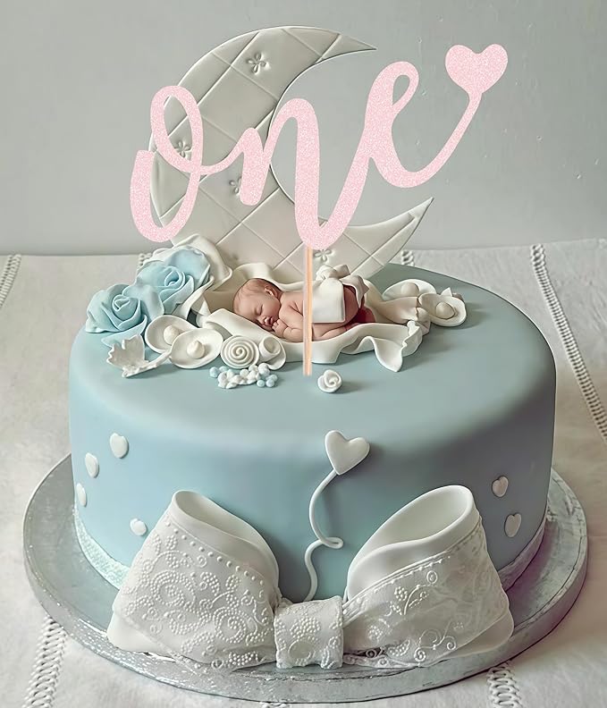 First Birthday Cake Topper - Light Pink Glitter Love One Birthday Cake Decorating Supplies, Perfect for Baby Shower/Gender Revealing Party/Baby Party Photo Booth Props