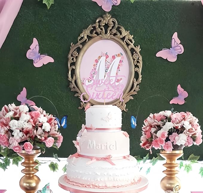 Sweet Sixteen Cake Topper - Pink Glitter Butterfly Theme Sweet 16 Birthday Cake Decorating Supplies for Girls, Sweet 16 Cake Topper for Happy 16th Birthday Anniversary Party Supplies Photo Booth Props