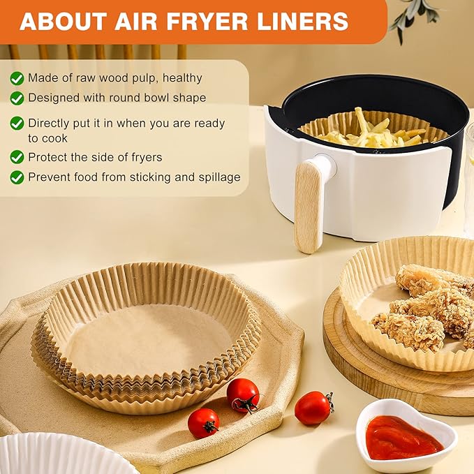 Air Fryer Liners for Ninja, 200 Pcs 8" Round Airfryer Paper Liners Disposable for Oven, Pans & Baking, Non-Stick and Oil Proof Parchment Paper for 5-8 qt Air Fryer Basket by Vailnd