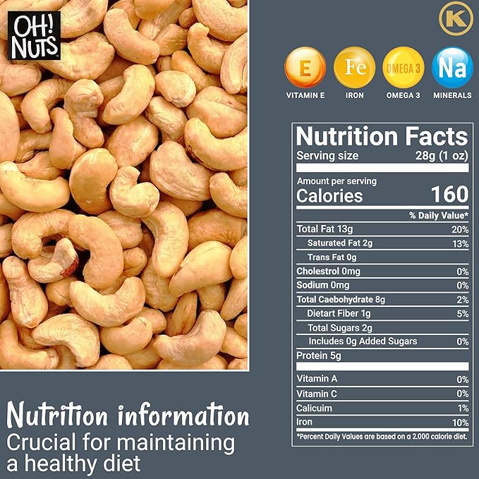 Oh! Nuts Cashews Roasted Unsalted - 1 lb - Roasted Unsalted Cashews - Packed in New York Zip-Seal Bag for Exceptional Freshness