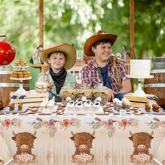 3Pcs Highland Cow Party Tablecloths, Brown Highland Cattle Birthday Table Cover, Brown Cow Print Themed Party Decorations Plastic Disposable Rectangular Table Cloth Decor for Kids Birthday Baby Shower