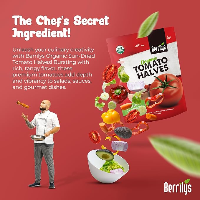 Berrilys Organic Sun-Dried Tomatoes, Salted, No Sulfur, No preservatives, Kosher, Raw, Non-GMO, Requires Pre-treatment or Cooking Before Consumption, 7oz