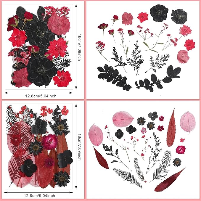 Nuanchu Pressed Flowers Bulk Dried Flower for Crafts, Dried Wildflowers Leave Natural with Tweezer for Resin Mold Scrapbooking Nail Soap Making DIY(Stylish Style,Red Color)