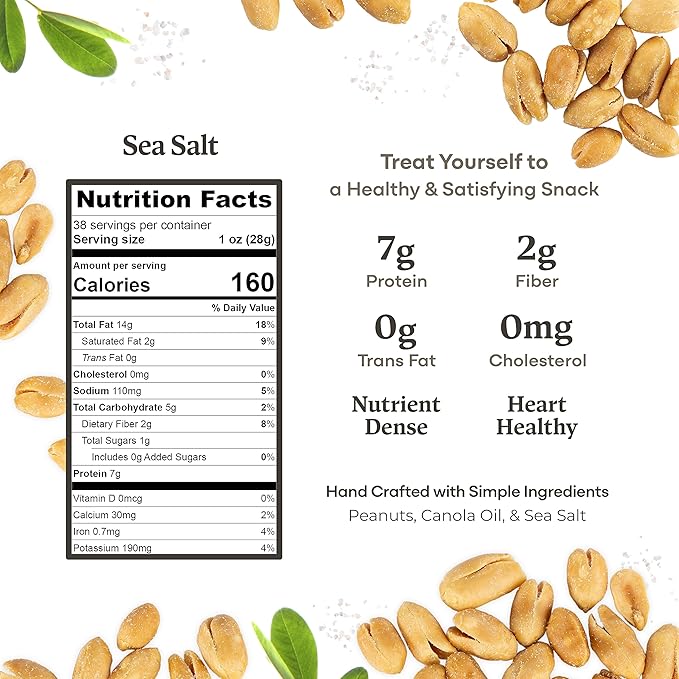 Belmont Peanuts Gourmet Sea-Salted Virginia Peanuts, 38 oz (1 Pack) ??Only 3 Simple Ingredients, No Preservatives, 7g Protein ??A Premium, Salty, Crunchy, Hand Seasoned Snack
