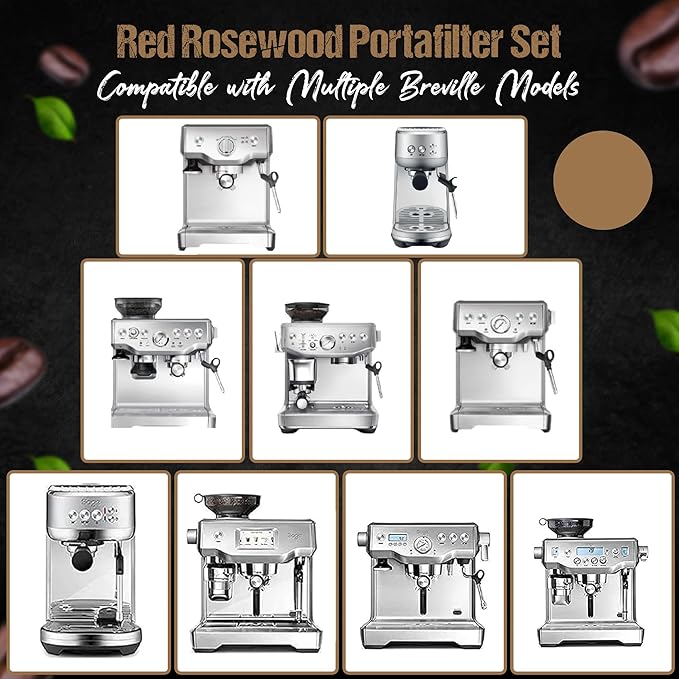 54mm Espresso Double Spout Portafilter 3 Ears Red Rosewood Handle compatible with Breville espresso machines Includes Stainless Steel 18g Filter Basket & 1.7mm Puck Screen (54mm Red Double Spout)
