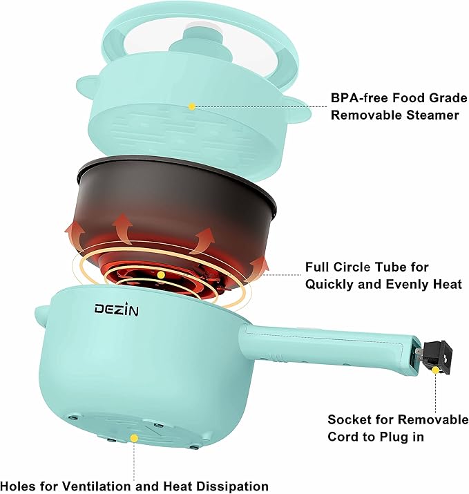 Dezin Electric Cooker, 2L Non-Stick Saut챕 Pan, Rapid Noodles Cooker, Mini Pot for Steak, Egg, Fried Rice, Ramen, Oatmeal, Soup with Power Adjustment, College Dorm Room Essential