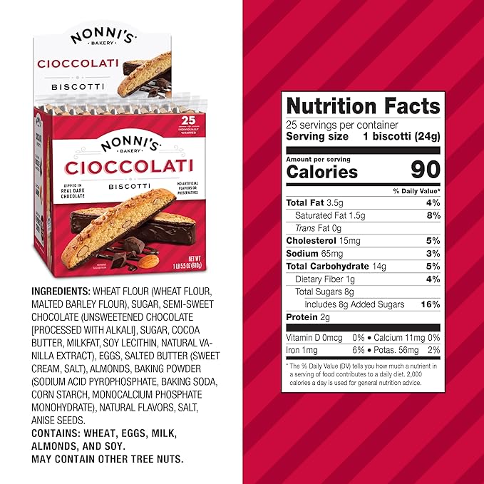 Nonni's Cioccolati Dark Chocolate Almond Biscotti Cookies ??Individually Wrapped Italian Coffee Snack, Crunchy Twice-Baked, 90 Cal Each, 21.5 oz Carton, 4 Pack