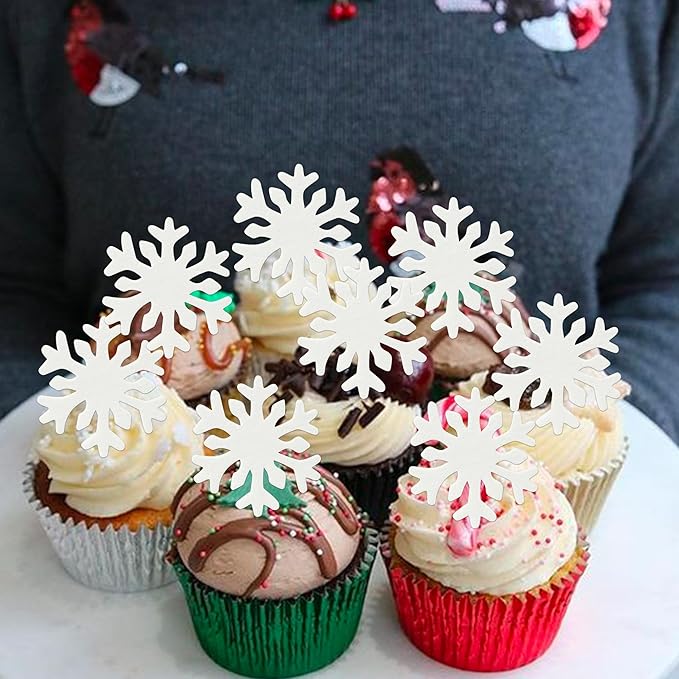 50 PCS White Edible Snowflake Cupcake Toppers Wafer Paper Snowflake Frozen Cupcake Picks Edible Frozen Cake Toppers for Christmas Winter Frozen Theme Baby Shower Birthday Party Decorations Supplies