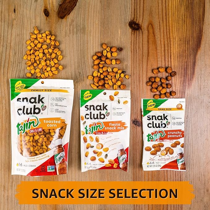 Snak Club Tajin Toasted Corn, Roasted Corn Nuggets with Chili and Lime Seasoning, Mild, Non-GMO, Gluten-Free, Kosher Snack, No Artificial Colors or Flavors, Low Cholesterol, 11 oz Resealable Bag