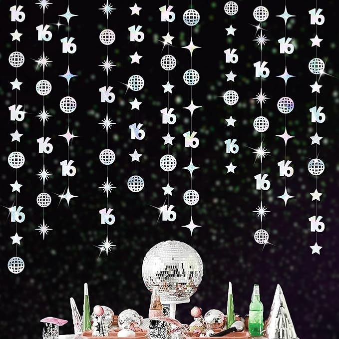 Iridescent 16th Disco Birthday Decorations Laser Number 16 Disco Ball Twinkle Star Garland Metallic Banner Backdrop for Girls Boys Happy 16th Birthday Sweet Sixteen Cheers to 16 Years Party Decor
