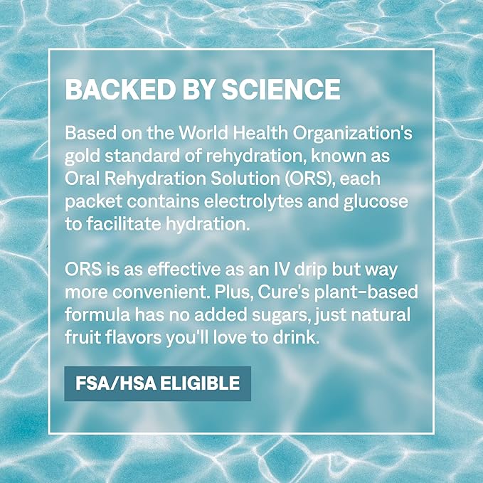 Cure Hydration | Plant-Based Electrolyte Drink Mix | No Added Sugar | FSA-HSA | Dehydration Relief Powder Made with Coconut Water | Non-GMO | Vegan | Pouch of 14 Packets - Strawberry Kiwi