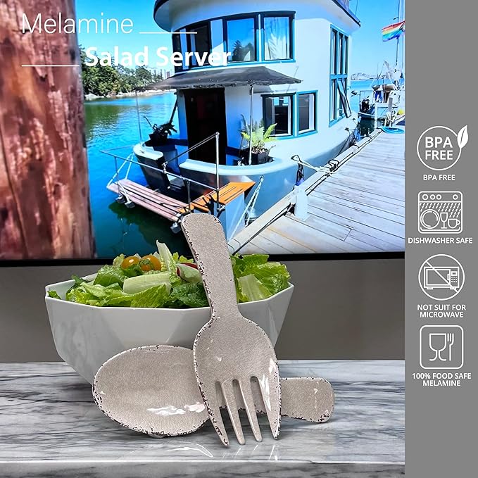 UPware Crackle Melamine Salad Servers, Serving Utensil Set, Includes Serving Fork and Spoon for Tossing Salad, Pasta, Cream, 10.75 Inch, Set of 2
