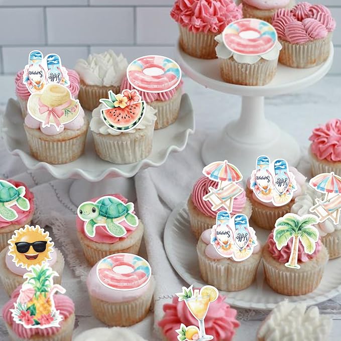 60 Pack Edible Summer Beach Theme Cake Topper Umbrella Chair Palm Tree Watermelon Pineapple Cake Pick Hawaiian Beach Cupcake Decorations for Baby Shower Birthday Wedding Party Supplies