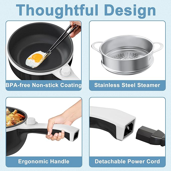 Dezin Hot Pot Electric with Steamer Upgraded, Non-Stick Saut챕 Pan, Rapid Noodles Electric Pot, 1.5L Mini Pot for Steak, Egg, Fried Rice, Ramen, Oatmeal, Soup with Power Adjustment