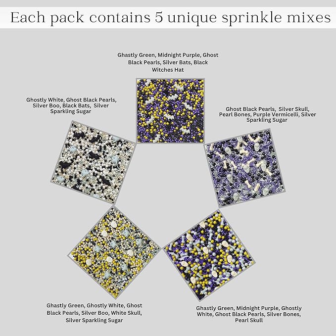 Confect Sprinkles ??Edible Pearl Mix in White, Purple, Black & Ghastly Green with Ghost Party Shapes: Boo, Bats & Bones ??Halloween Sprinkles for Cupcakes, Cookies & Spooky Treats- 5 Oz