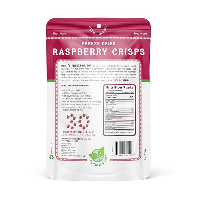 Nature’s Turn Freeze-Dried Raspberry Crisps – Healthy, Gluten-Free, Crispy & Delicious, Plant-Based Snack, Ideal for Cereal, Smoothies, School Lunches, & On-the-Go, Pack of 12 (0.53 oz Each)