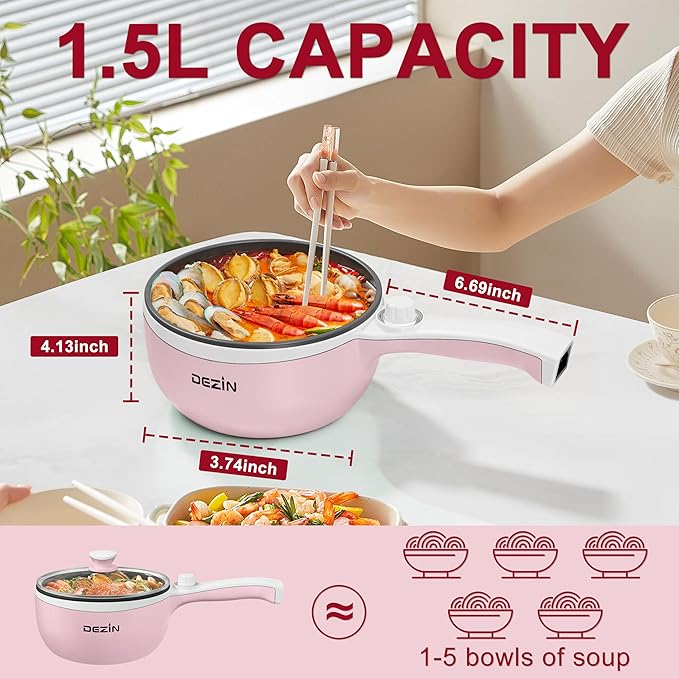 Dezin Hot Pot Electric Upgraded, Non-Stick Saut챕 Pan, Rapid Noodles Electric Pot, 1.5L Mini Portable Hot Pot for Steak, Egg, Fried Rice, Ramen, Oatmeal, Soup with Power Adjustment
