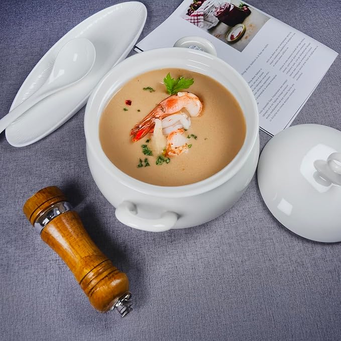 Ceramic Serving Soup Tureen Bowls with Lid and soup spoon, 2.4 QT White French Serving Tureen, Lovely Soup Pot for Casserole dish Salad Pasta Noodles Stew, Microwave Dishwasher Safe
