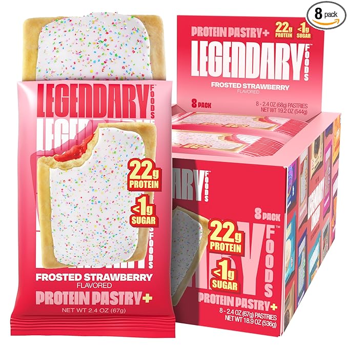 Legendary Foods 22g Protein Pastry+ Strawberry Low Carb Meal Replacement Bar, Low Glycemic, Gluten Free Protien Snacks - Healthy Keto Snack Box, 8x Zero Sugar Energy Bars - Bariatric Diabetic Friendly