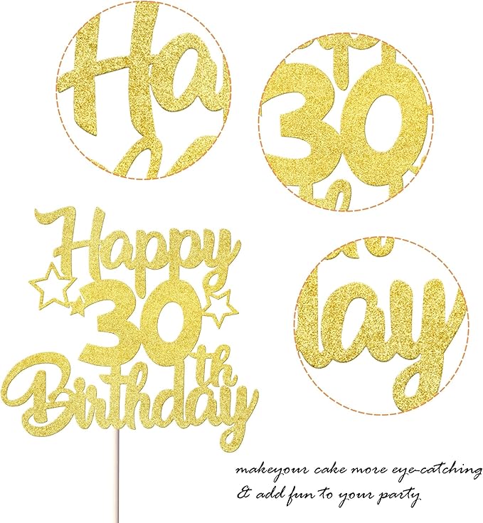 1 Pack Happy 30th Birthday Cake Topper Glitter Heart Star 30 Fabulous Cake Pick Birthday Sign Cake Decorations for 30th Birthday Theme Party Supplies Gold