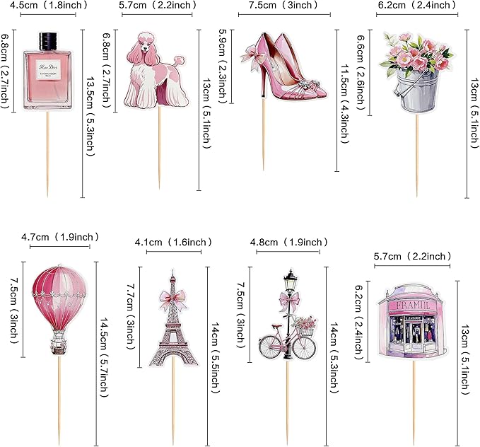 32Pcs Paris Party Cupcake Topper Pick Eiffel Tower Bicycle High Heels Flowers For Kids Birthday And Baby Shower Birthday Party Decoration