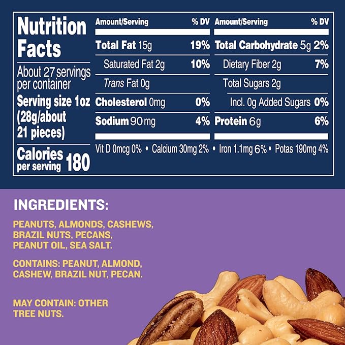 PLANTERS Salted Mixed Nuts, Party Snacks, Plant-Based Protein, 27 Oz Canister (Pack of 2)