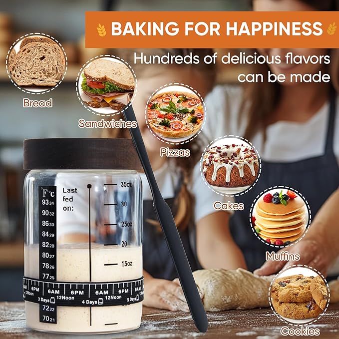 77L 2 Pack Sourdough Starter Jar, 35 oz Sourdough Starter Kit with Date Marker Feeding Band, Thermometer, Food-Grade Scraper, Cloth Cover and Acacia Wood Lid, Sourdough Bread Baking Supplies