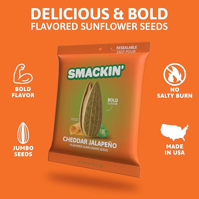 SMACKIN' - Jumbo Roasted Sunflower Seeds, No Salty Burn, American Made, Easy Pour & Seal - Cheddar Jalapeño, 4oz bag (12 Bags)