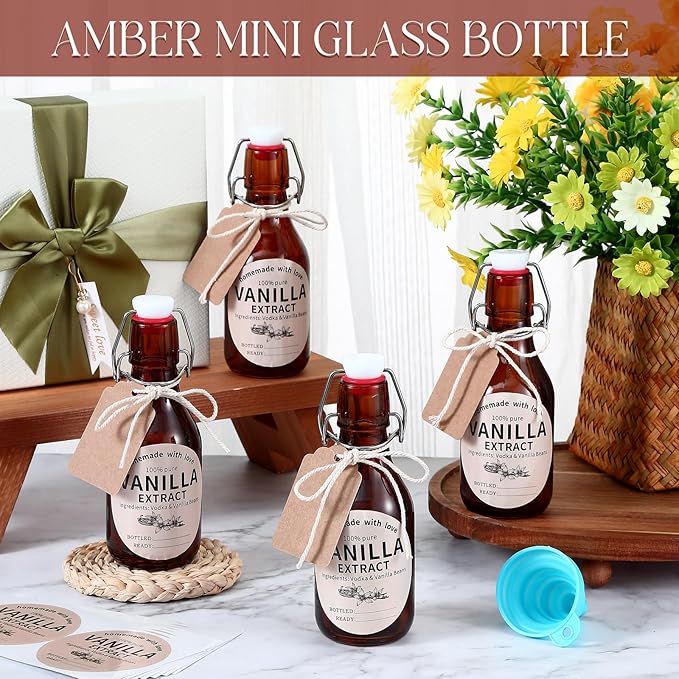 Vesici 12 Sets Swing Top Glass Bottles Set Amber Homemade Vanilla Extract Bottles with Stoppers Stickers Caps Jar Brush Funnel Rope Labels Vanilla Extract Jars for Holiday DIY Crafts (6.6 oz)