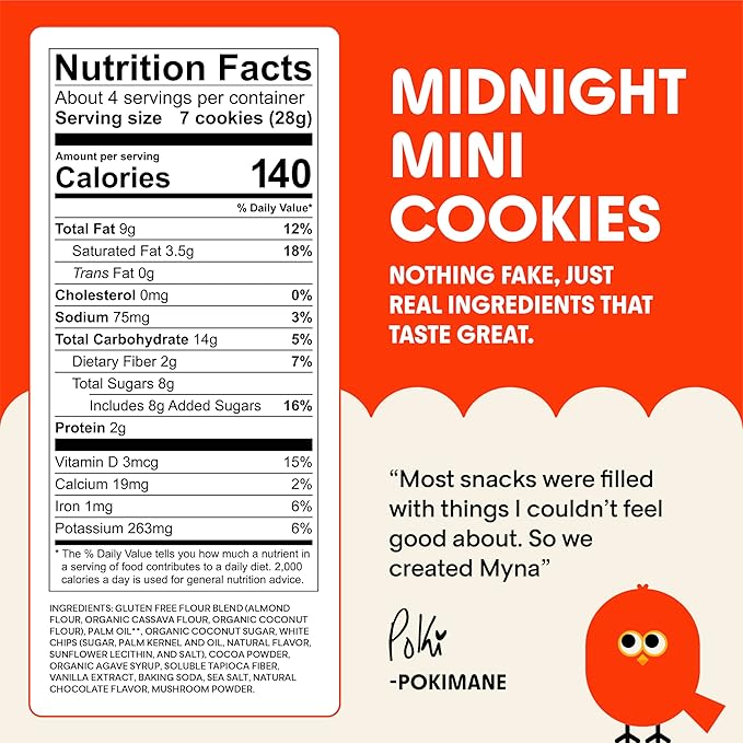 Myna Snacks Midnight Mini Snacking Cookies - Seed Oil Free Snacks - Gluten and Dairy Free Snack - Chocolate Cookies w/White Chips - Healthy Dessert - Sweet Cookie Bites, 8oz (Pack of Two, 4oz Bags)
