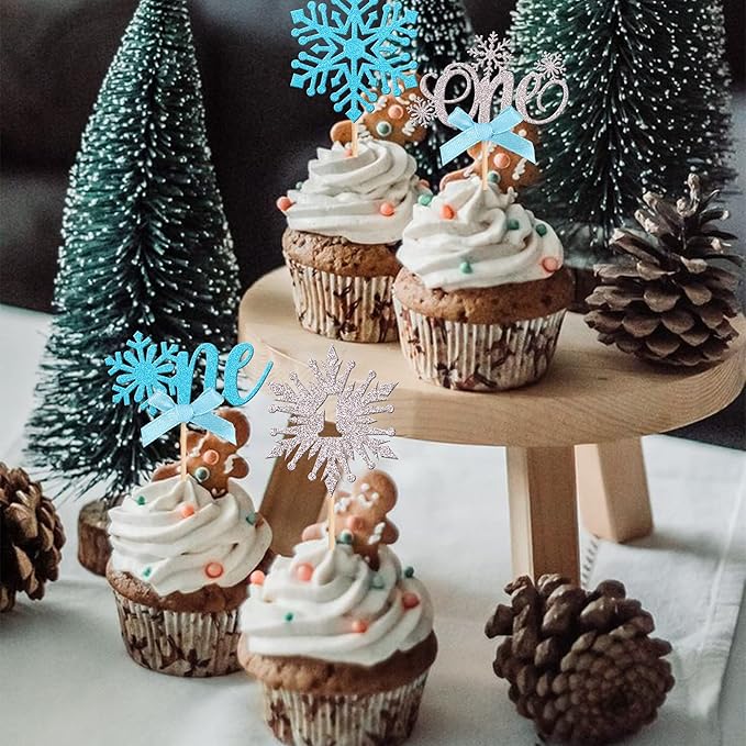 24 PCS Snowflake One Cupcake Toppers with Glitter Bow First Birthday Snowflake Cupcake Picks for Winter Onederland Theme Baby Shower Kids 1st Birthday Party Cake Decorations Supplies Silver Blue