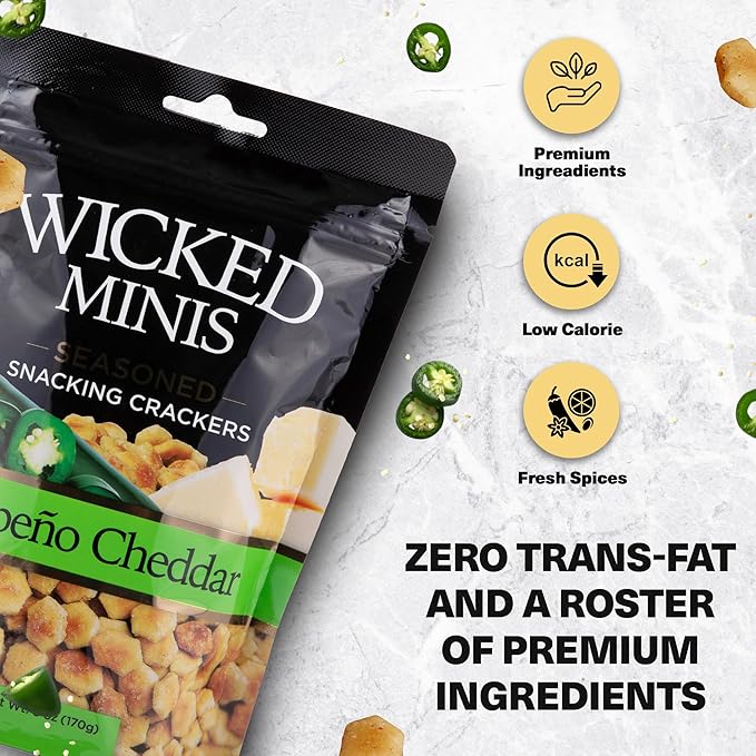 Wicked Minis Soup & Oyster Crackers - Saltine & Salted Flavored Mini Puffed Soup, Savory Snacking Mix, Seasoned Croutons Salad Toppers, Crackers for Chili 6oz (Jalapeno Cheddar, Pack of 3)