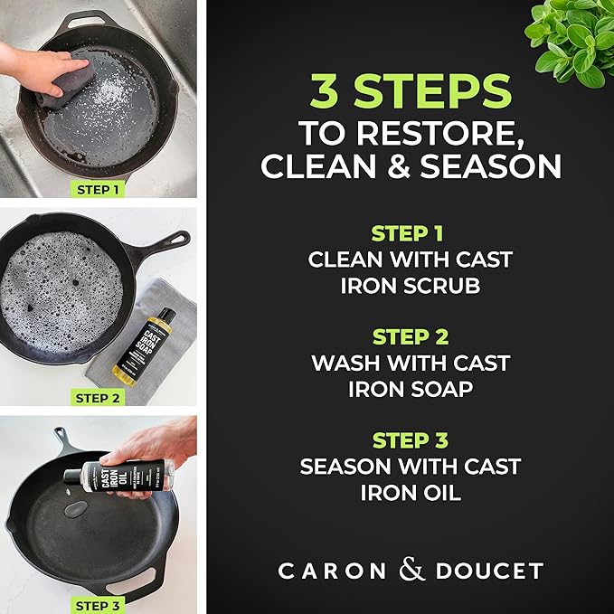 CARON & DOUCET ??Ultimate Cast Iron Set PLUS: Seasoning Oil, Cleaning Soap & Restoring Scrub | 100% Plant-Based & Best for Cleaning Care, Washing, Restoring & Seasoning Skillets, Pans & Grills!