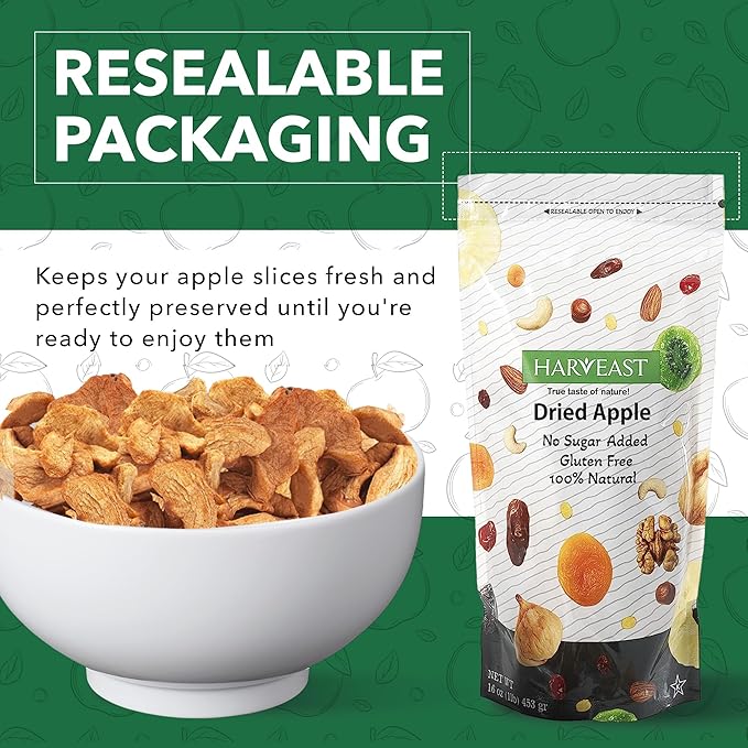 HARVEAST Dried Apples - Dehydrated Sliced Apple Snack - Tender & Sweet Whole Dried Fruits - Vegan Treats in Resealable Pack - Sugar Free, Non-GMO, Unsulfured, Gluten Free & Kosher (20 Oz, 2 Packs)