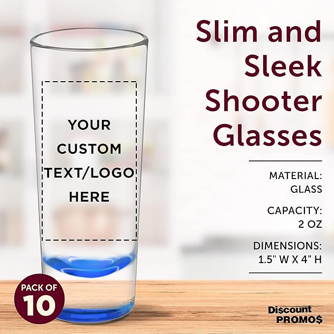 Custom Cordial Shooter Shot Glasses 2 oz. Set of 10, Personalized Bulk Pack - Great for Birthdays, Parties, Indoor & Outdoor Events - Blue