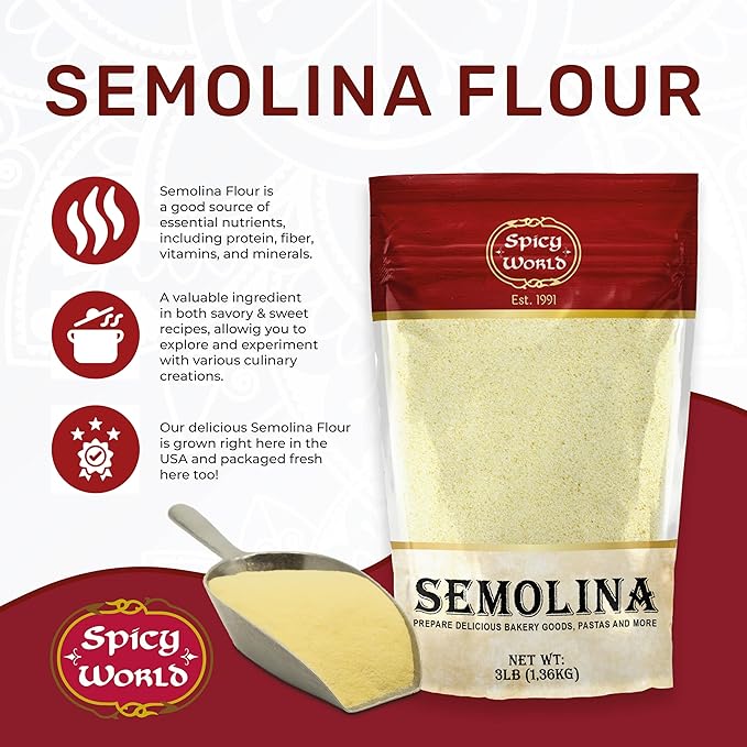 Spicy World Semolina Flour 3 LB (48 Ounce) | USA Grown Semolina for Pizza, for Pasta, and Bread Making | Fine Ground, Bulk Yellow Durum Semola Flour for Pizza Peel